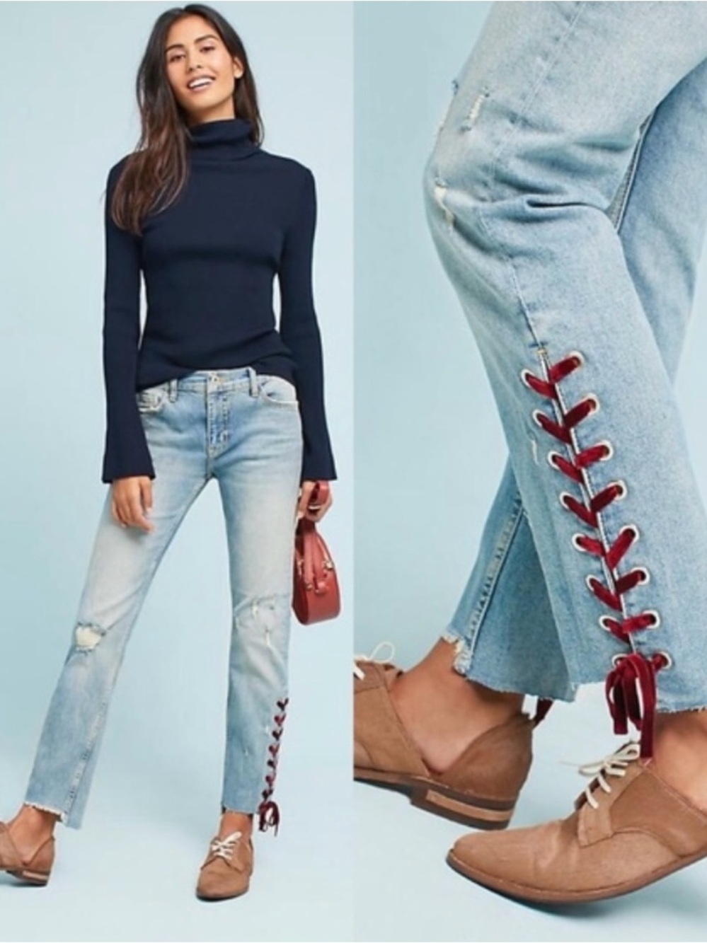Anthropologie Pilcro Slim Straight Distressed Velvet Lace Up Jeans Women’s 25